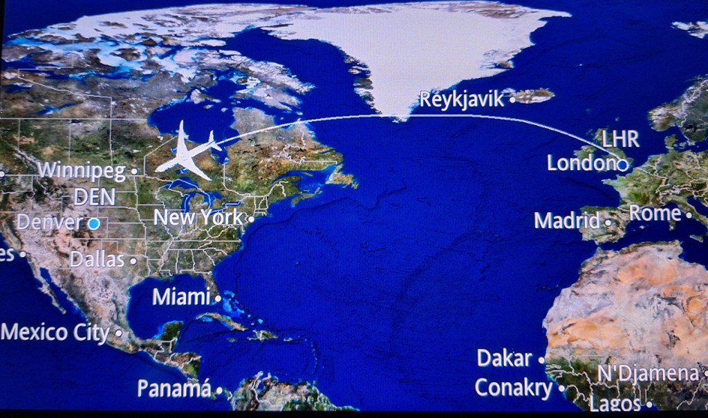 Map image showing our Air Flight from London Heathrow to Denver Colorado